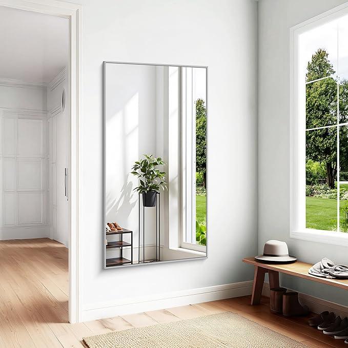 KOCUUY Silver Bathroom Mirror, 60"x30" Large Rectangle Bathroom Mirror for Wall, HD Tempered Glass, Anti-Rust Brushed Silver Frame, Modern Design for Bathroom, Bedroom, Hang Horizontal/Vertical - ModernBath