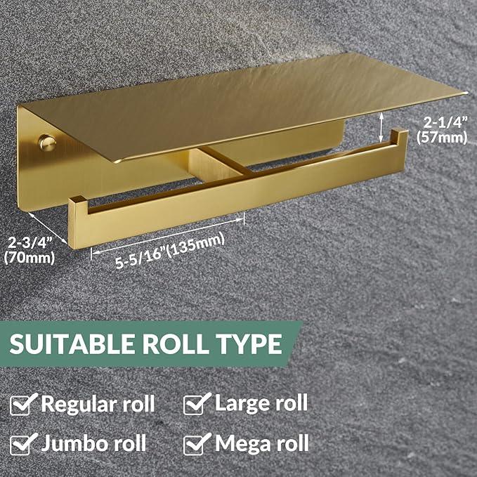 APLusee Brushed Gold Double Toilet Paper Holder with Shelf, Heavy Duty 304 Stainless Steel Tissue Holder for Bathroom with Storage, Commercial Paper Roll Dispenser Wall Mounted - ModernBath