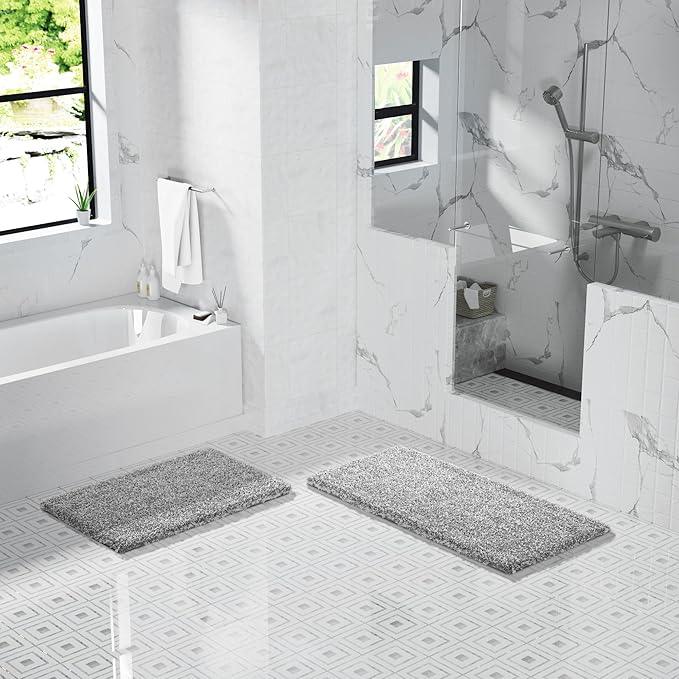 Yimobra Luxury Bathroom Rugs, Fluffy Bath Mats, Non Slip, Water Absorbent Microfiber, Machine Washable, Plush Carpet Shower Rugs, Thick Matts for Bathroom Floor&Tub, 44"x 24", Light Gray and White - ModernBath