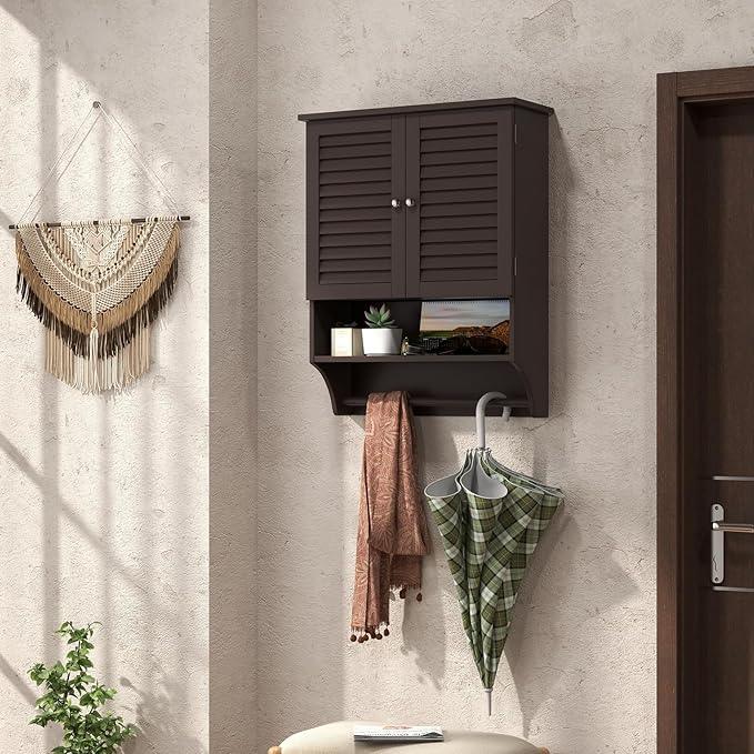 Tangkula Wall Mounted Bathroom Cabinet w/Open Shelf & Bar, Medicine Cabinet w/Double Louvered Doors, Adjustable Shelf, Wall Storage Cabinet for Bathroom Living Room Kitchen (Espresso) - ModernBath