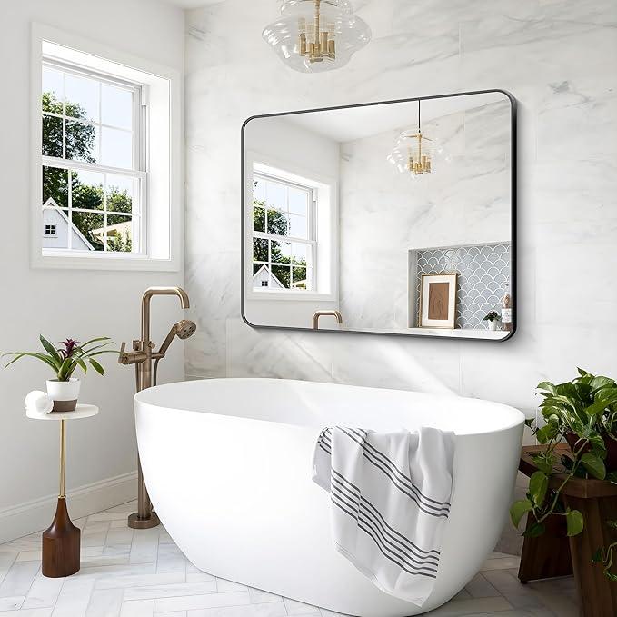 BONEWEI Black Bathroom Mirror,40x48 inch Wall Mirror for Bathroom Wall Mounted,Rectangle Mirror for Bathroom Over Sink,Modern Frame Round Corner for Living Room,Bedroom Entryway,Horizontal/Vertical - ModernBath