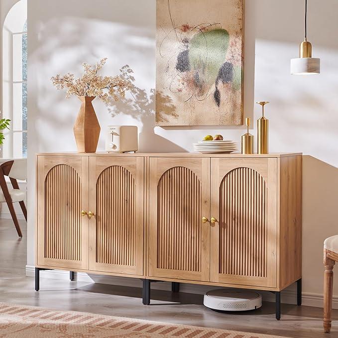 Bathroom Cabinet with Storage, 61.75" W Fluted Arched Free Standing Floor Cabinet w/Adjustable Shelves, Modern Sideboard Cabinet for Bathroom, Kitchen, Living Room, Entryway, Natural - ModernBath