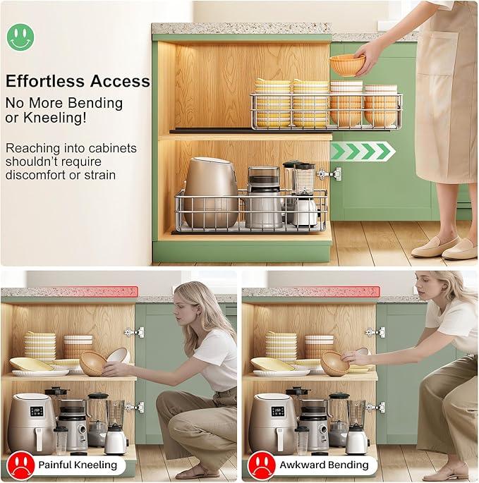 Stainless Steel Pull Out Cabinet Organizer(11.8"W x 16.5"D x 4.7"H)-1 Pack, Minimalist Design Frame, Full-Extension Slide Rails, Easy Installation for Pantry Organizers or Kitchen Cabinet Organizer - ModernBath