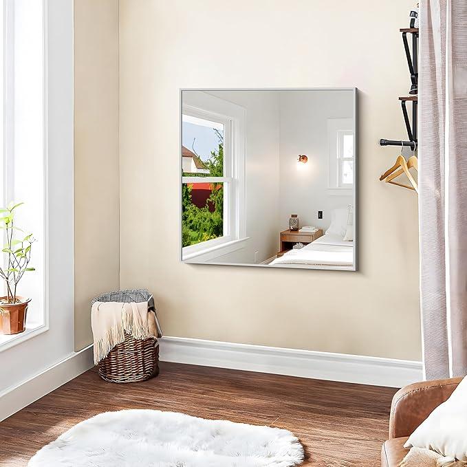 KOCUUY Silver Framed Mirror, 30"x30" Rectangle Bathroom Mirror for Wall, HD Tempered Glass, Anti-Rust Brushed Silver Frame, Modern Design for Bathroom, Bedroom, Living Room, Entryway - ModernBath