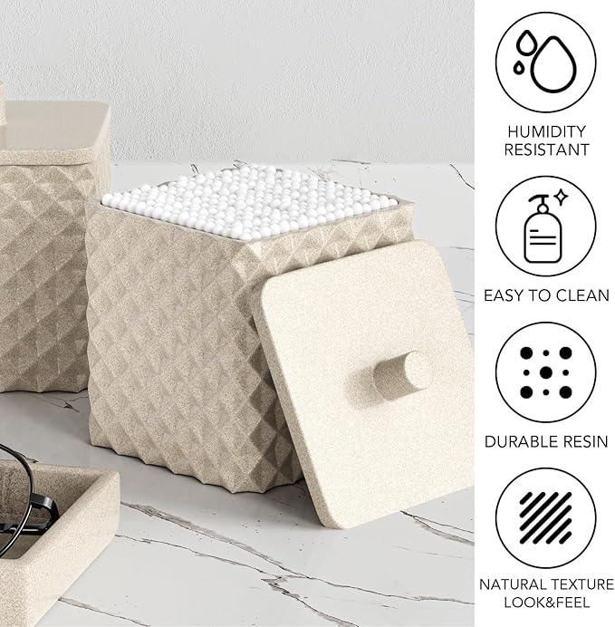 Bathroom Accessories Set Resin 6PCS, Square Toothbrush Holders Set Complete with Soap Dispenser, Vanity Tray, Tumbler, Cups and Cotton Swab Jars (Beige Diamond, Resin Bath 6 PCS) - ModernBath