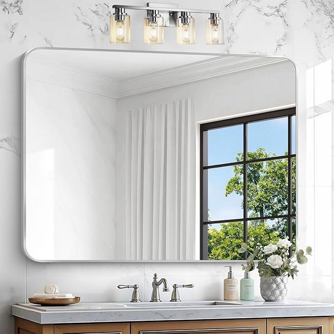 Silver Bathroom Mirror,36x48 inch Wall Mirror for Bathroom Wall Mounted,Rectangle Mirror for Bathroom Over Sink,Modern Frame Round Corner for Living Room,Bedroom Entryway,Horizontal/Vertical - ModernBath