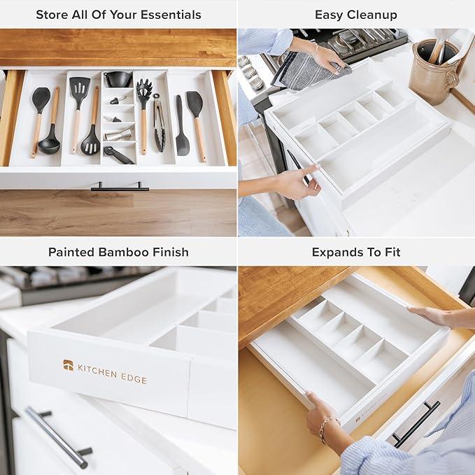 KitchenEdge Adjustable Kitchen Drawer Organizer for Utensils and Junk, Food-Safe Contract Grade with 100% Sustainable Wood, Expandable from 16 to 28 Inches Wide - White Bamboo - ModernBath