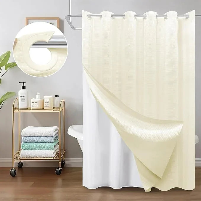 Inhousolu No Hook Waffle Weave Shower Curtain with Removable Snap in Fabric Liner Set for Bathroom, 230 GSM Heavy Duty Weighted Hem, Water Repellent Washable Bath Curtains, 72 x 84 Inch, Ivory - ModernBath