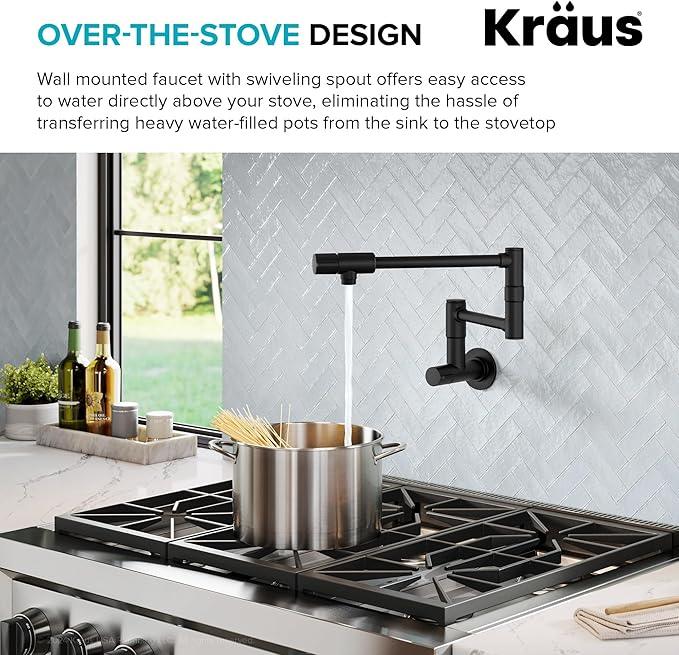 KRAUS Bolden 2 Handle Pot Filler Faucet with Retractable Arm, Wall Mount Kitchen Faucet, Pot Filler for Over Stove in Matte Black, KPF-5003MB - ModernBath