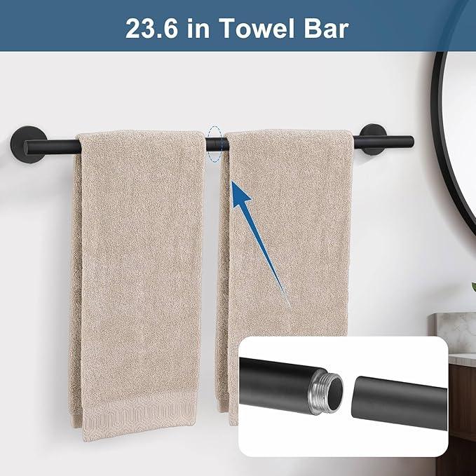 5 Pieces Matte Black Round Towel Bar Set Bathroom Hardware Accessories Set Upgraded Toilet Paper Holder Towel Racks Set for Bathroom Stainless Steel Wall Mounted 23.6 in - ModernBath