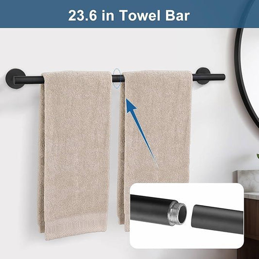 5 Pieces Matte Black Round Towel Bar Set Bathroom Hardware Accessories Set Upgraded Toilet Paper Holder Towel Racks Set for Bathroom Stainless Steel Wall Mounted 23.6 in - ModernBath