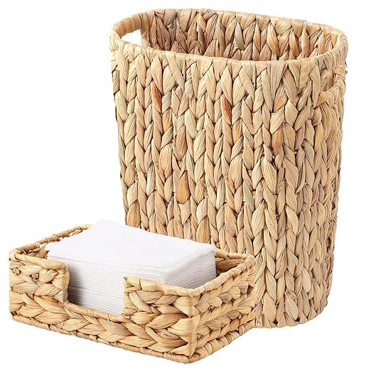 Water Hyacinth Trash Can 15L & Rattan Napkin Holder Rectangle,Wicker Napkin Tray for Table,Wicker Home Set for Bedroom, Bathroom, Kitchen, Office, Balcony