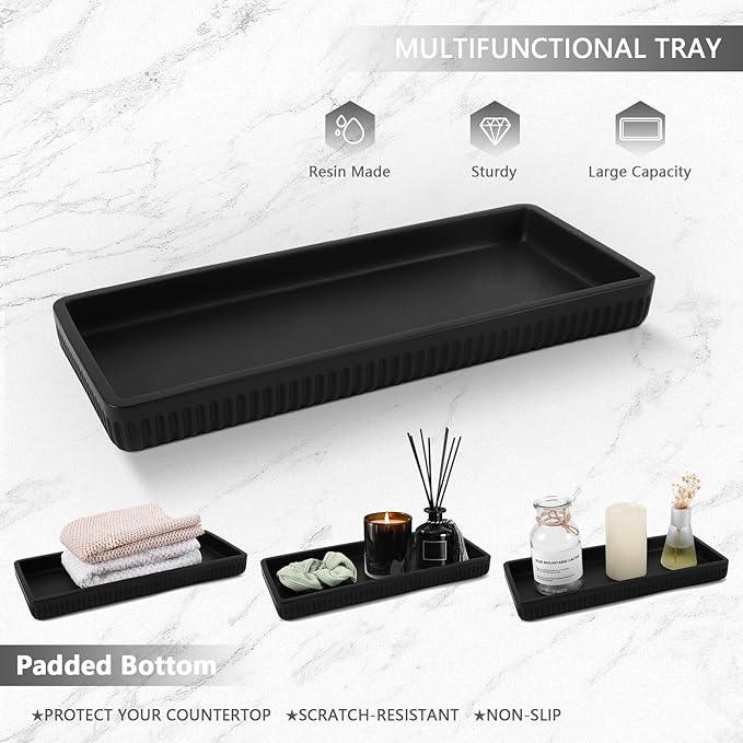 XLHOMO Resin Matte Black Bathroom Accessories Set 5 Pcs, Lotion Soap Dispenser, Toothbrush Holder, Bathroom Tumbler, Qtip Holder and Vanity Tray, Bathroom Countertop Organizer Set for Home Apartment - ModernBath