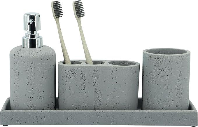 ZCCZ -Beige Bathroom Accessories Set 4 Pcs - Toothbrush Holder, Soap Dispenser, Vanity Tray, Bathroom Tumbler - Countertop Vanity Organizer - Bathroom Accessory Set- Toothbrush Holder Set, Stone Sets - ModernBath