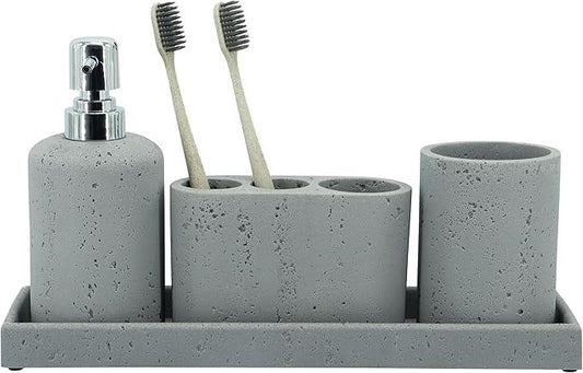 ZCCZ -Beige Bathroom Accessories Set 4 Pcs - Toothbrush Holder, Soap Dispenser, Vanity Tray, Bathroom Tumbler - Countertop Vanity Organizer - Bathroom Accessory Set- Toothbrush Holder Set, Stone Sets - ModernBath