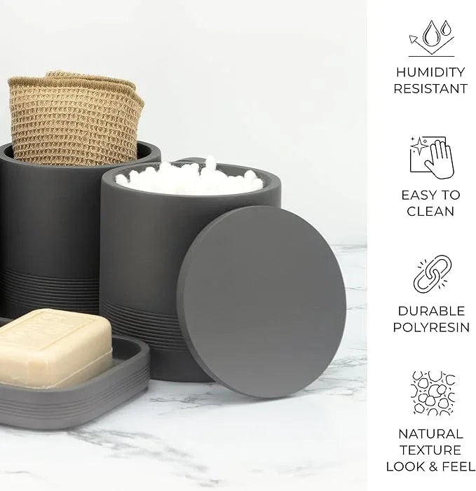 ZCCZ Gray Bathroom Accessories Set 6 Pieces - Toothbrush Holder, Lotion Dispenser, Qtip Container, Vanity Tray, Tumbler - Countertop Organizer for Bathrooms - Elegant and Functional Décor Set - ModernBath