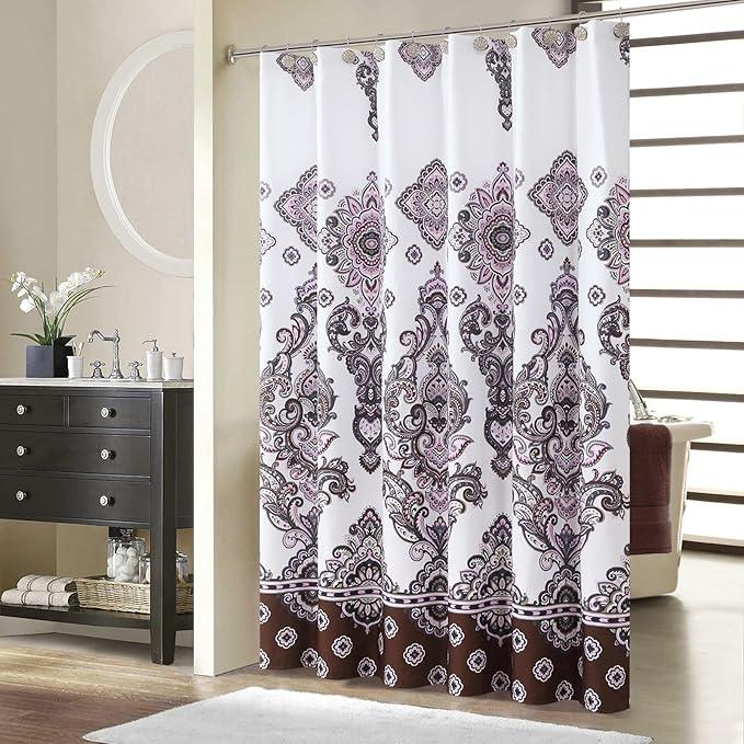 BESTRIPES Long Shower Curtain, Luxury White Bath Curtain with Baroque Brown & Pink Paisley Medallion Print, Waterproof Plush Polyester Fabric, 72" W x 78" H - ModernBath