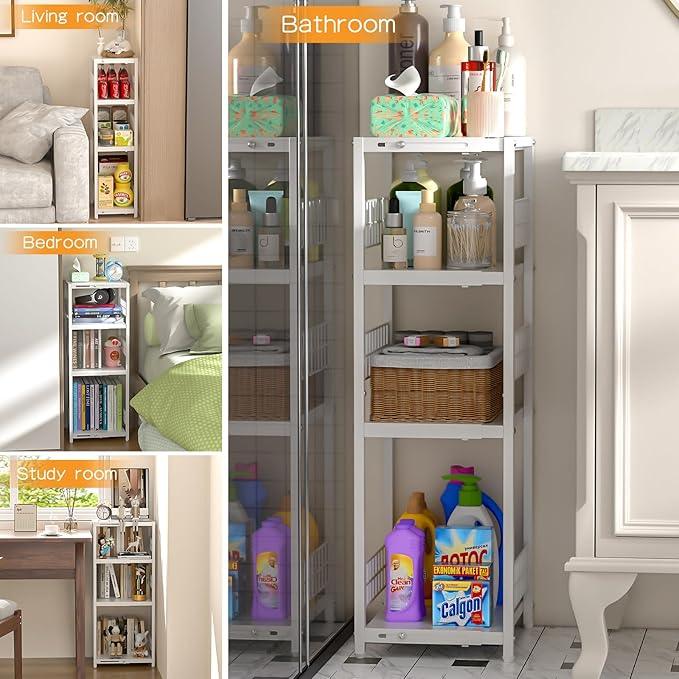 4 Tier Expandable Slim Storage Shelf, Metal Shelving Unit for Bathroom Storage Organizer, Freestanding Narrow Shelf for Small Spaces, Open Floor Shelves for Bathroom, Laundry Room, Kitchen,White - ModernBath