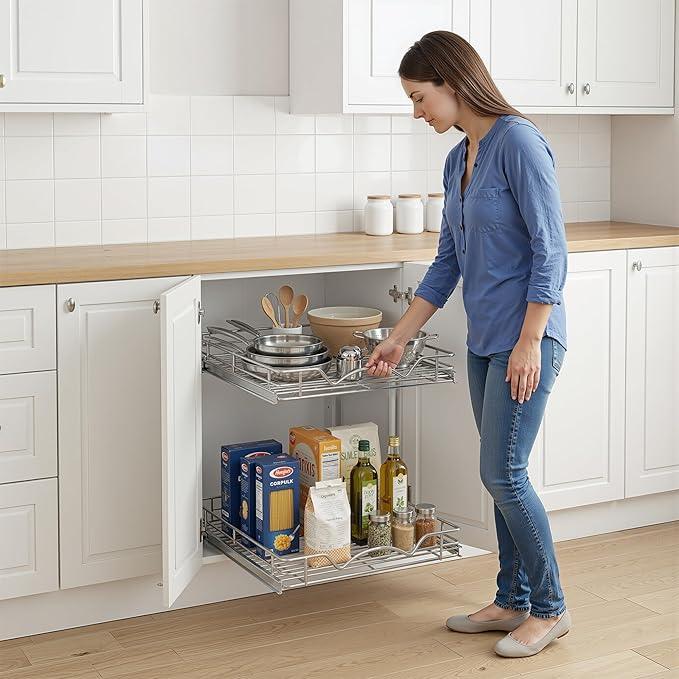 HOLDN’ STORAGE Two Tier Pull Out Cabinet Organizer, Individual Sliding Drawers - Heavy Duty Metal with Lifetime Limited Warranty - Anti Rust Chrome Finish - 17" W x 21”D x 16.5" H - ModernBath
