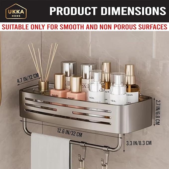 UKKA HOME Suction Cup SQUARE Shower Caddy with Hooks and Towel Bar for Bathroom. Aluminum, Reusable, Rustproof, No Drill, No Tools, No Glue. Multifunctional, Hang Towel, Loofah, Sponge (2 Pack, Gray) - ModernBath