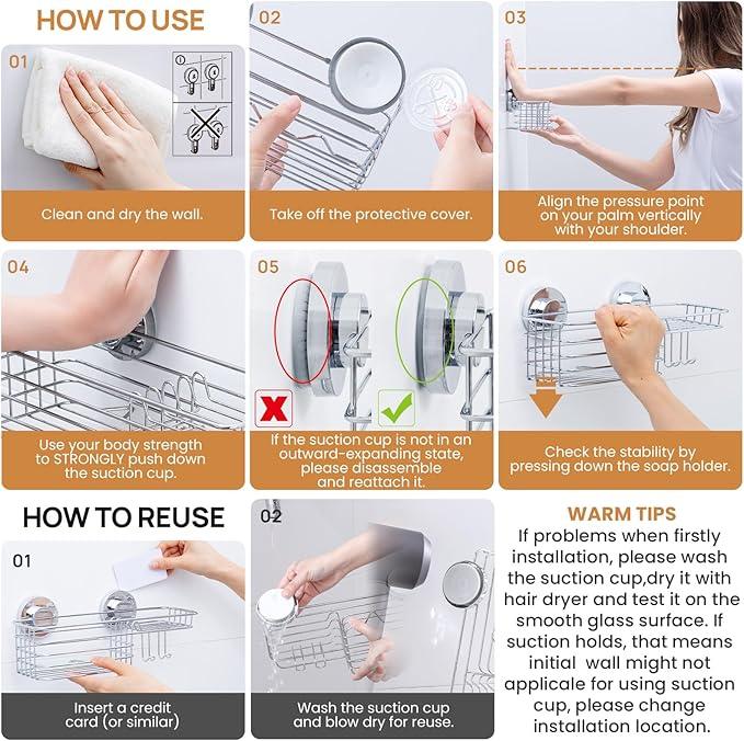 LEVERLOC Shower Caddy Suction Cup, Organizer with Hooks & Soap holder for Inside Shower, Removable Bathroom Shelf - ModernBath