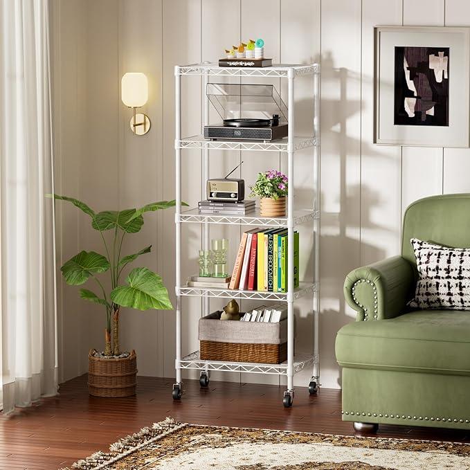 SINGAYE 5 Shelves Storage Shelf Wire Closet Bathroom Organizers Metal Pantry Kitchen Small Garage Shelving Unit Laundry Room Organization Home Narrow Rack Net Basket with Wheels White - ModernBath