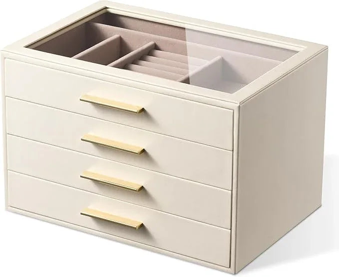 pickpiff Jewelry Box Organizer Case for Women: 4-Layer Jewelry Storage Case with Glass Window, Ivory Leather with Pink Velvet, Holder for Ring Necklace Bracelet Brooch Watch, Great Gift for Her - ModernBath