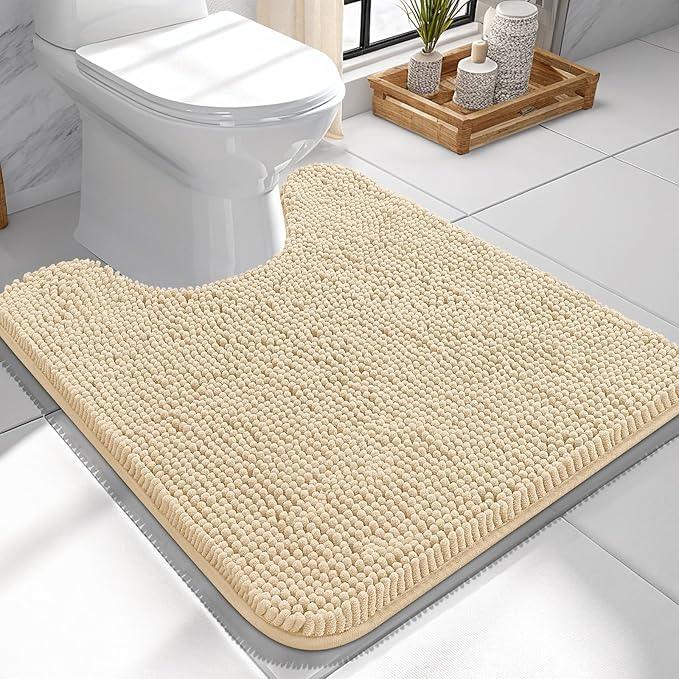 OLANLY Toilet Rugs U-Shaped 24x24, Extra Soft Absorbent Chenille Contour Bathroom Rugs for Toilet, Dry Quickly, Machine Washable, Non-Slip Bath Mat, Beige - ModernBath
