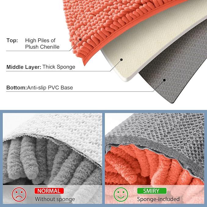 Smiry Luxury Chenille Bathroom Rugs 44x24, Extra Soft and Absorbent Shaggy Bath Mat, Machine Washable, Non-Slip Plush Carpet Runner for Tub, Shower, and Floor, Home Decor Accessories, Coral - ModernBath