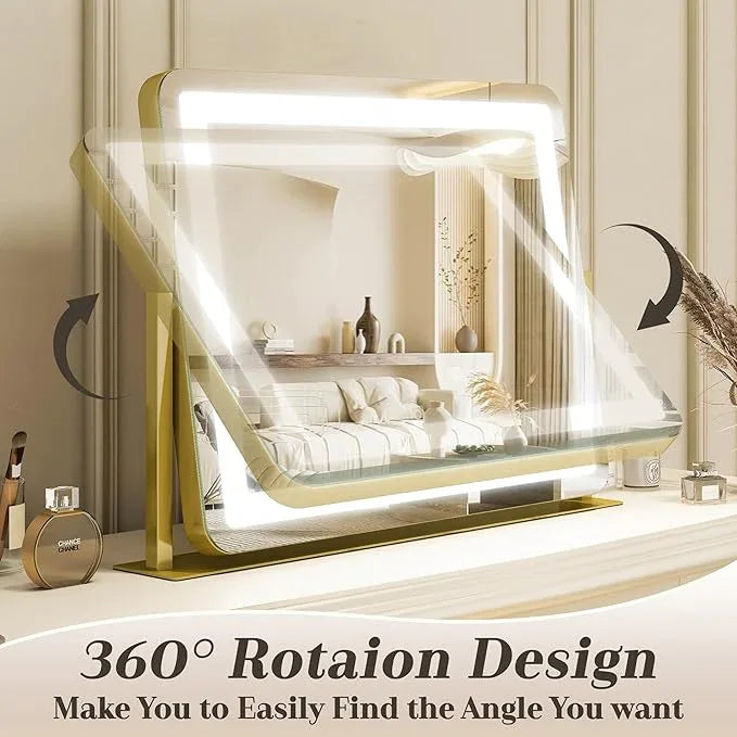 ROLOVE Gold Vanity Mirror with Lights - Smart Touch Dimming, 3-Color Lighting, 360° Rotatable Desktop Makeup Mirror for Desk, 22"x17" - ModernBath