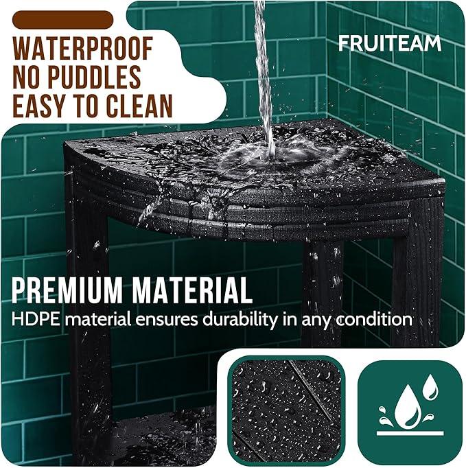 FRUITEAM HDPE Shower Bench, Waterproof Corner Shower Stool for Bathroom, Double-Layer Shower Shelf with Non-Slip Feet, 17" Seat Height, Holds 350 lbs, for Seniors, Small Bathroom Spaces - ModernBath
