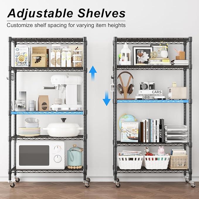 Homdox 5 Tier Metal Storage Shelves with Wheels, Heavy Duty Wire Shelving Unit, Adjustable Storage Racks with Side Hooks for Bathroom Kitchen Garage Pantry Organization, Black - ModernBath