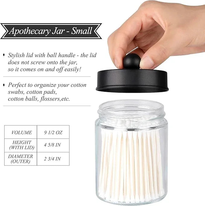 Apothecary Jars 3 Pack - Glass Bathroom Containers with Stainless Steel Lids - Rustic Farmhouse Decor Bathroom Accessories, Vanity Organizer Apothecary Jars for Qtip/Cotton Balls (Matte Black) - ModernBath