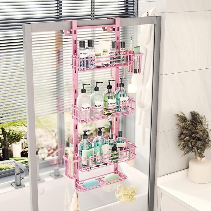 HapiRm Hanging Shower Caddy Organizer - Shower Shelf with 22 Hooks and 2 Toothbrush Holders, No Drilling Adjustable Hanging Bathroom Organizer - Pink - ModernBath