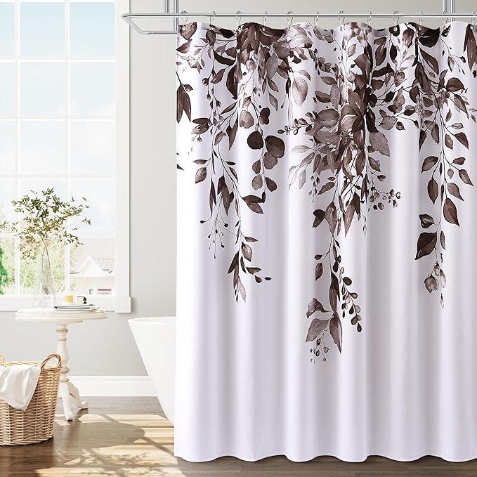 BOODII Dark Brown Plant Watercolor Shower Curtains 72 inches Long Floral Leaf Shower Curtain for Bathroom Botanical Leaves Hunter Brown Eucalyptus Curtain Jungle Bathroom Decor 72x72 - ModernBath
