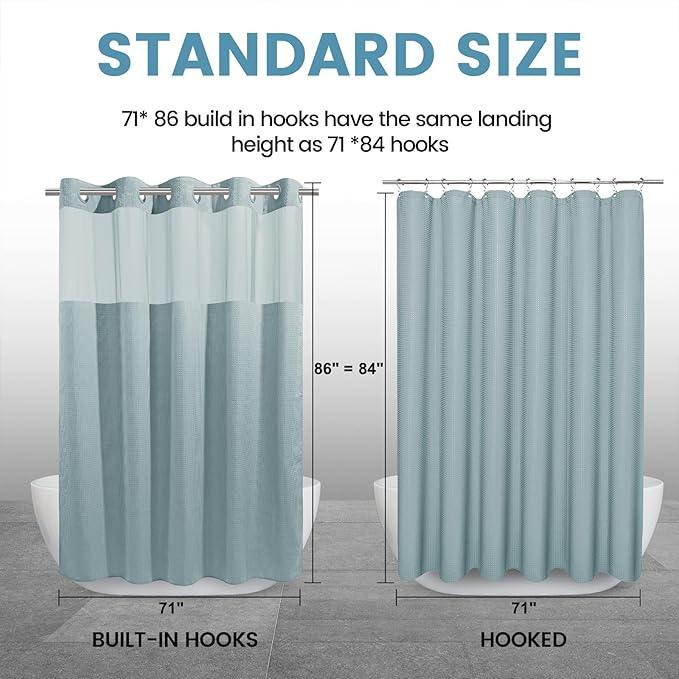 EUTXL Fog Blue Long No Hook Shower Curtain with Snap in Liner,230GSM Waffle Weave Shower Curtains for Bathroom,71W x 86H - ModernBath
