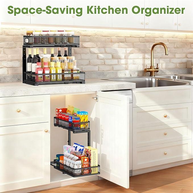 Under Sink Organizer 2-Pack, Metal 2-Tier Pull-Out Cabinet Shelf with Slide-Out Mesh Drawers, Height Adjustable, Space-Saving Under Sink Storage Racks for Kitchen, Bathroom, Laundry Room - ModernBath