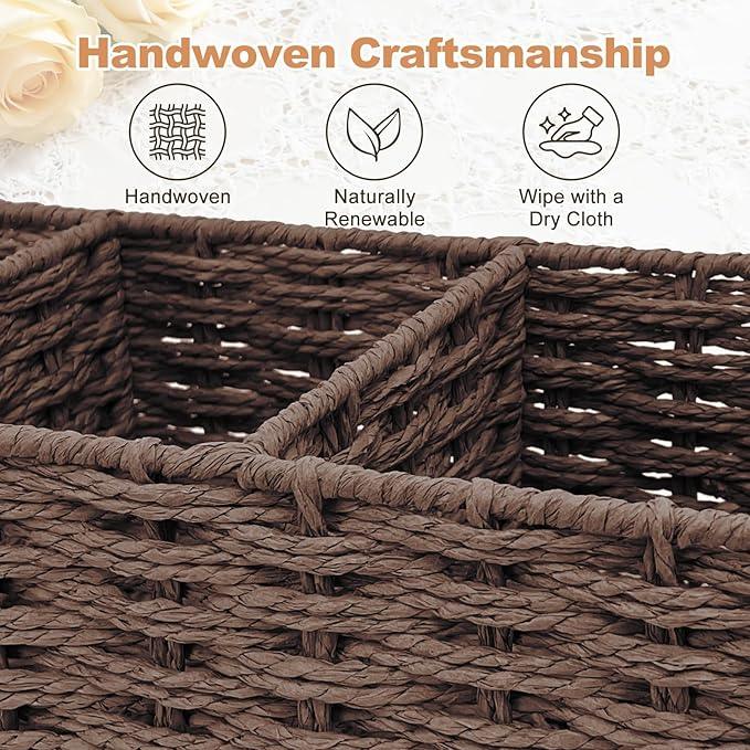 Seagrass Wicker Basket for Toilet Tank Top, 3-Compartment Handwoven Bathroom Organizer for Toilet Paper, Pads, and Accessories (2, Walnut) - ModernBath