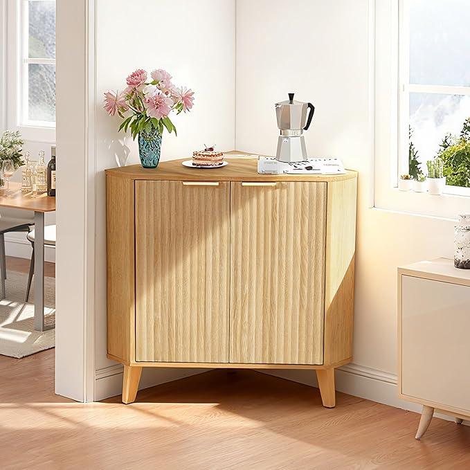 HOMREST Fluted Corner Cabinet with Storage and Power Outlet, Adjustable Shelve, Freestanding Sideboard Buffet Cabinet, Multifunctional Organizer for Living Room Kitchen, Bathroom (Natural) - ModernBath