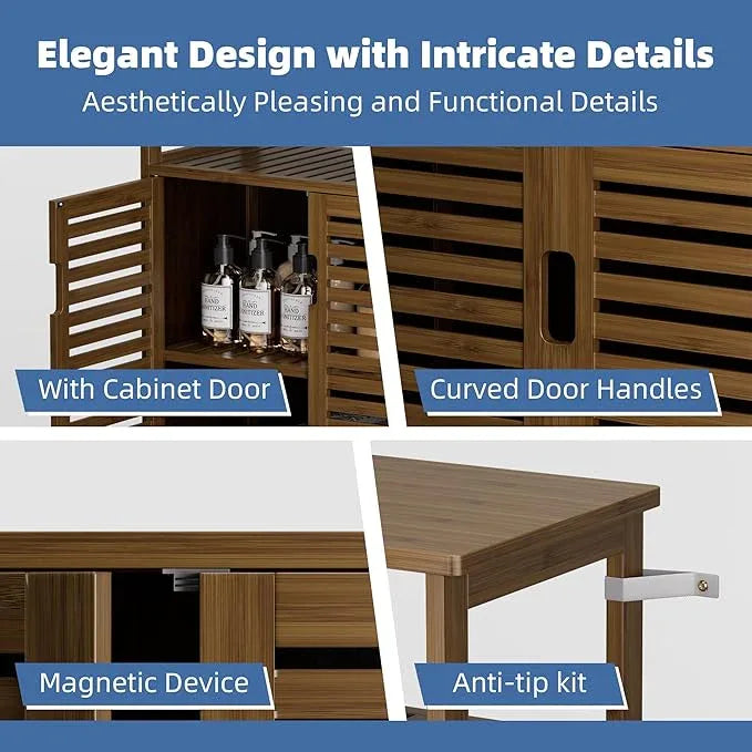 HITNET Walnut Bathroom Floor Cabinet, Bamboo Side Tall Storage Organizer, Freestanding Kitchen Cupboard with Door and Shelf - ModernBath
