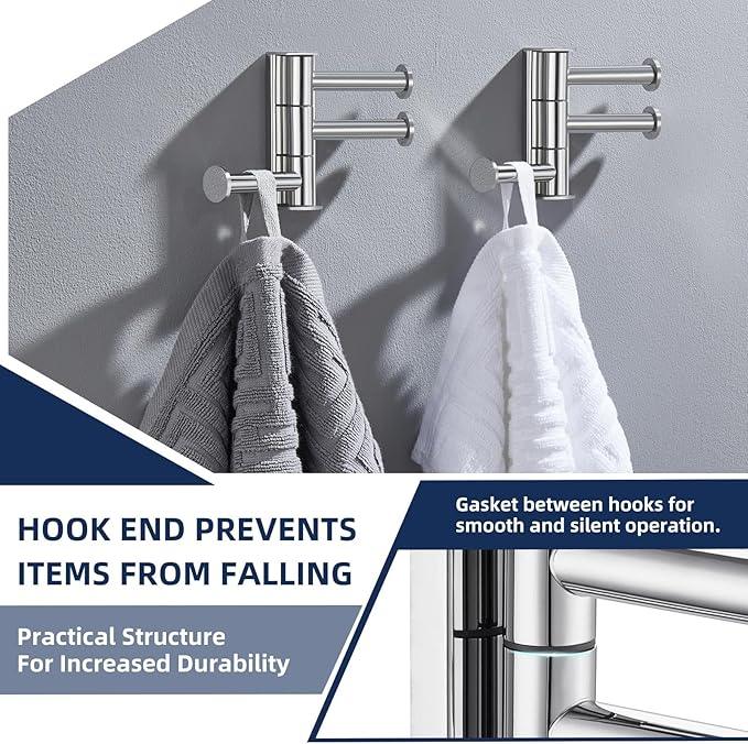 Angle Simple Swivel Towel Hooks 2 Pack, SUS 304 Stainless Steel Hand Towel Holder for Bathroom, Robe Coat Hooks Wall Mount, Polished Chrome - ModernBath