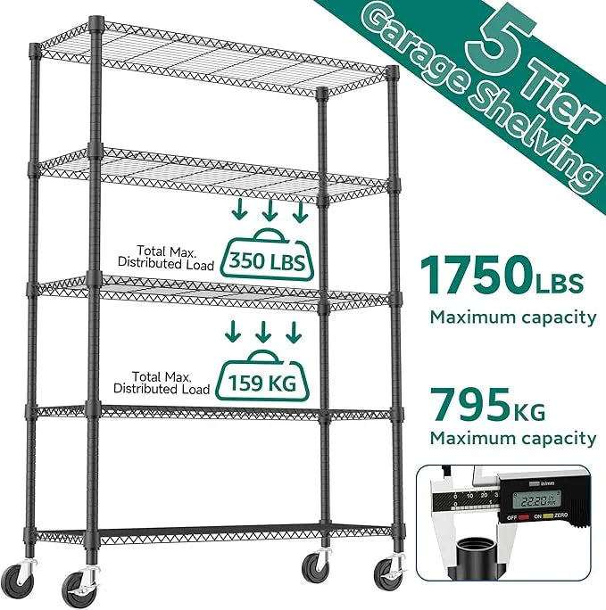 5 Tiers Shelf 1750 lbs Steel Storage Shelving Utility Shelving Unit Steel Organizer Wire Rack for Home,Kitchen,Office,Garage Black 17.7" D x 47.2" W x 76.8" H - ModernBath