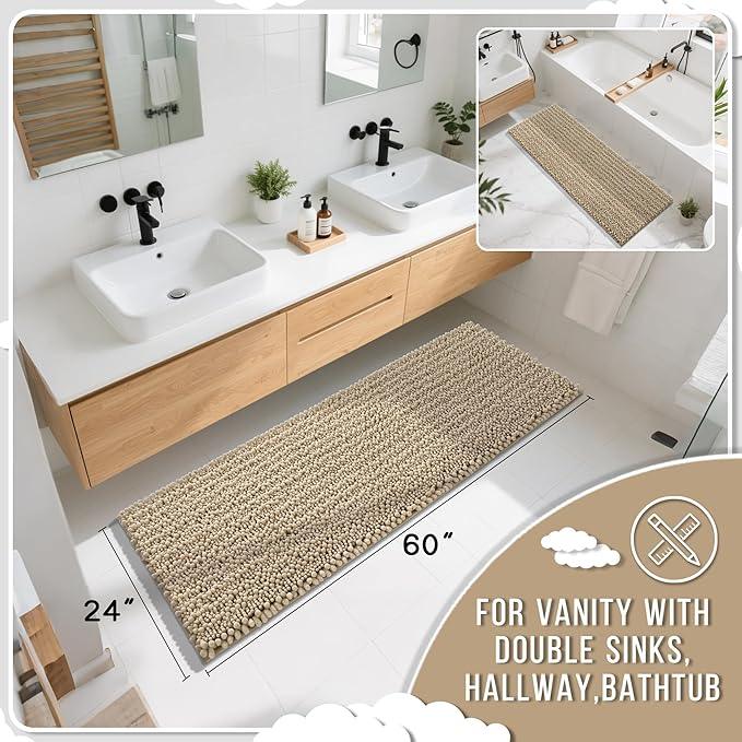 Yimobra Bathroom Runner Rug 60x24 Inch - Extra Long Non Slip Chenille Bath Mat, Soft & Absorbent, Machine Washable Shaggy Hallway Carpet for Vanity Tub Shower, Camel Home Decor Accessories - ModernBath