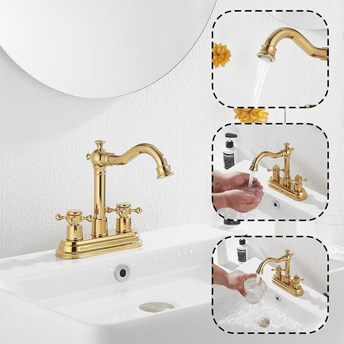 Bathroom Faucet Polished Gold GGStudy 2 Handles 4 Inches Centerset Bathroom Vanity with Drain Assembly and Supply Hose Lavatory Faucet Mixer Double Handle Tap - ModernBath