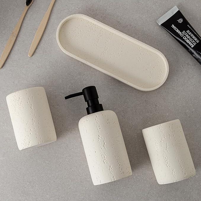 WUUAHOME Bathroom Accessories Set, 4 Piece Travertine Stone Look Collection, Modern Bath Organizer with Soap Dispenser, Toothbrush Holder, Tumbler, Vanity Tray for Countertop Kitchen Sink (Off White) - ModernBath