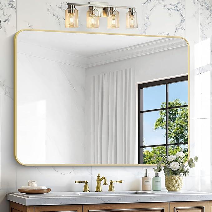 BONEWEI Gold Bathroom Mirror,36x48 inch Wall Mirror for Bathroom Wall Mounted,Round Rectangle Mirror for Bathroom Over Sink,Modern Frame for Home Decor Living Room,Bedroom Entryway,Horizontal/Vertical - ModernBath