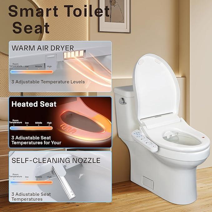 KERDE P30B Bidet Toilet Seat - Dual Control (Side Panel & Remote), Warm Water Wash, Heated Seat, Warm Air Dryer, LED Night Light,Existing Toilets Electric Bidet Elongated Electronic Heated Smart - ModernBath