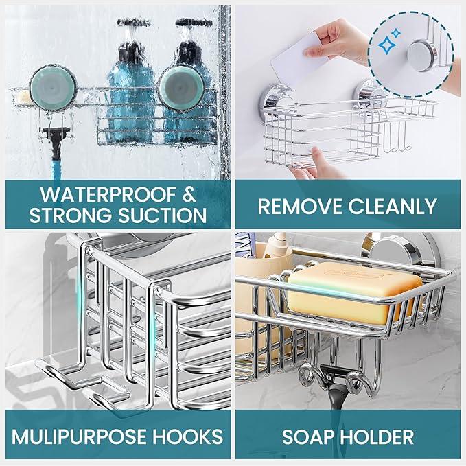 TAILI Shower Caddy Suction Cup 2 Pack with Hooks and Soap Holder, Heavy Duty Shower Organizer for Bathroom, No Drilling Silver bathroom suction shelves - ModernBath