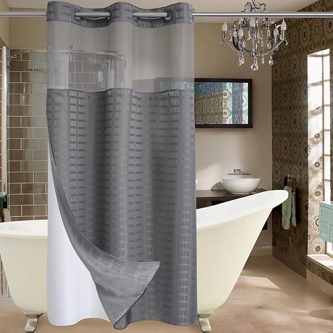 Conbo Mio Stall No Hook Shower Curtain with Snap in Liner Set, Hotel Luxury Grey Shower Curtains for Bathroom with See Through Top Window, Waterproof, Washable 36W x 74H - ModernBath