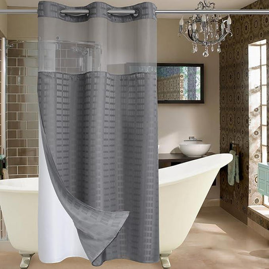 Conbo Mio Stall No Hook Shower Curtain with Snap in Liner Set, Hotel Luxury Grey Shower Curtains for Bathroom with See Through Top Window, Waterproof, Washable 36W x 74H - ModernBath